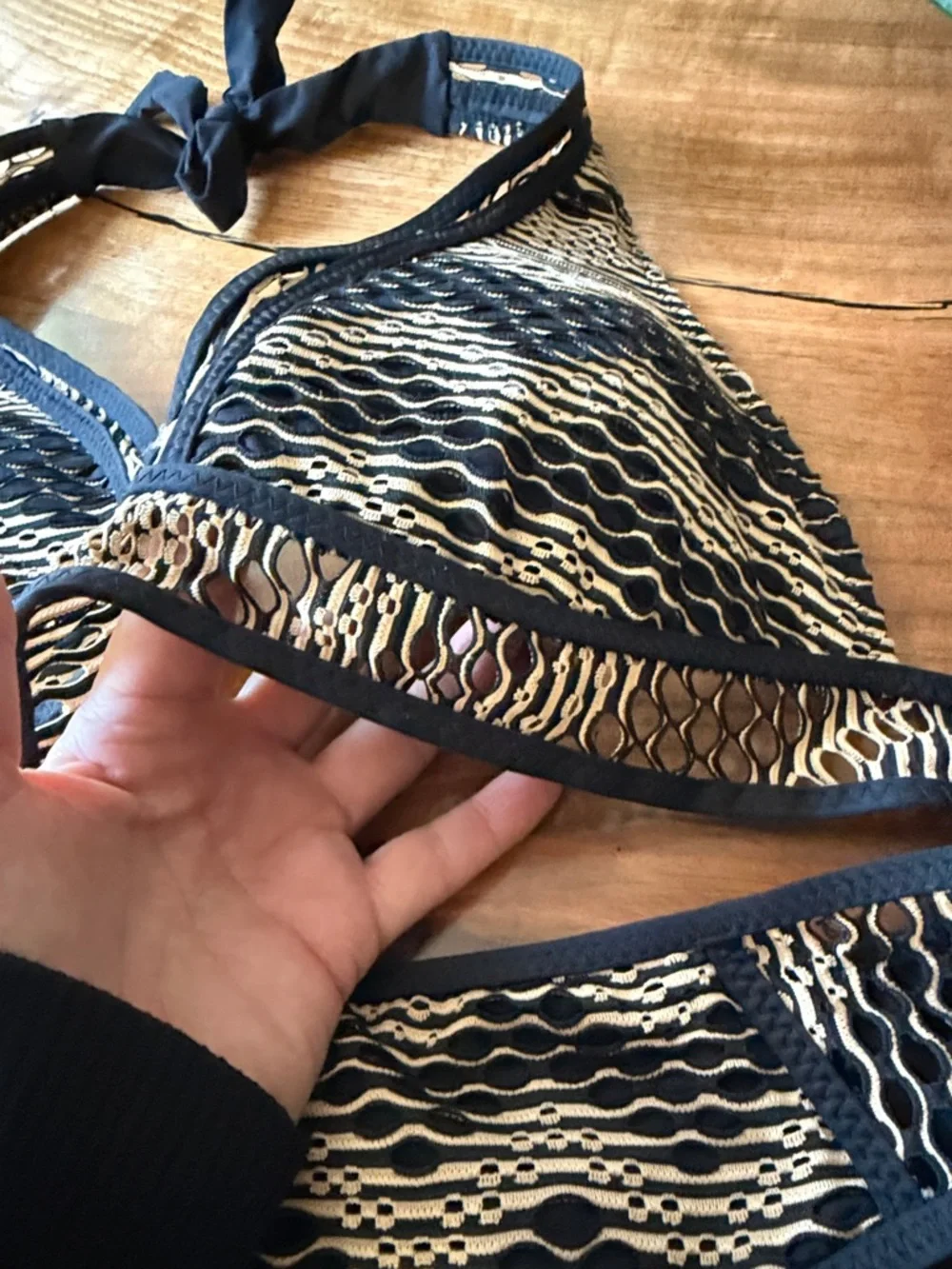 BECCA Black and Gold Lace-Pattern Triangle Bikini